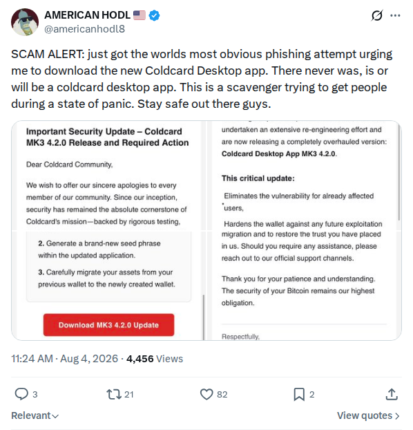 Captured screenshot: Fake COLDCARD Desktop app phishing alert