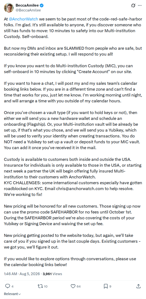 Captured screenshot: Becca Amilee updates on AnchorWatch safe-harbor response