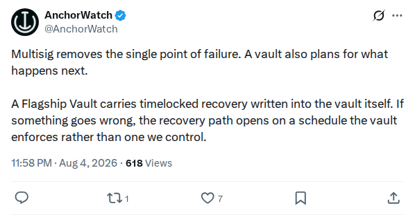 Captured screenshot: AnchorWatch describes timelocked recovery in Flagship Vaults