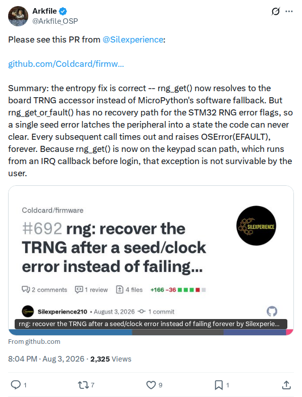 Captured screenshot: Arkfile review of Coldcard firmware PR 692