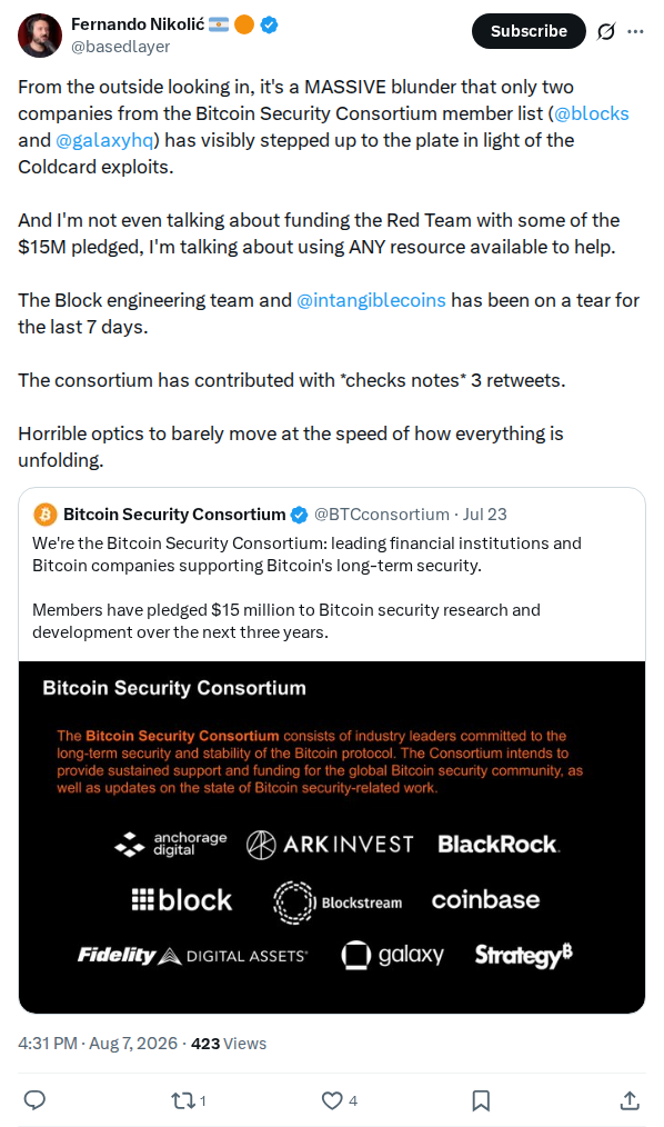 Captured screenshot: Criticism of the Bitcoin Security Consortium's response