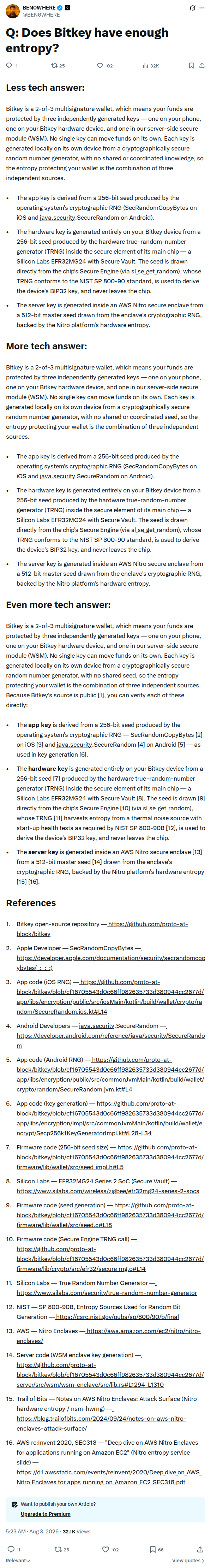 Captured screenshot: Bitkey entropy long-form answer
