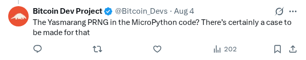 Captured screenshot of the reply by @Bitcoin_Devs