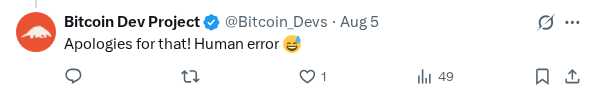 Captured screenshot of the reply by @Bitcoin_Devs