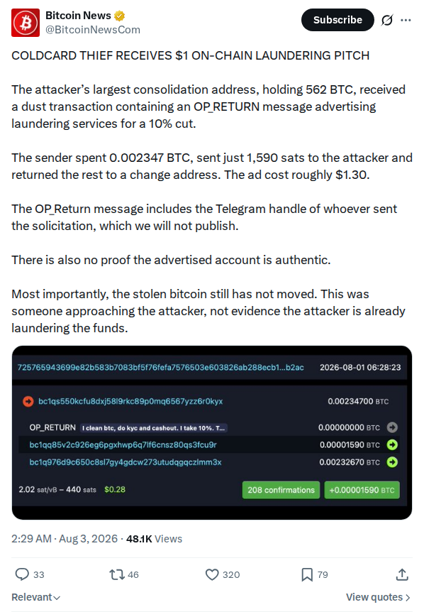 Captured screenshot: OP_RETURN laundering solicitation report