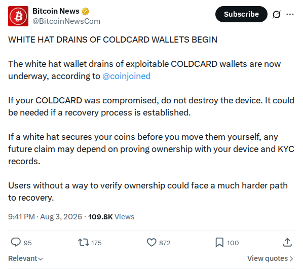 Captured screenshot: White hat drains of COLDCARD wallets begin