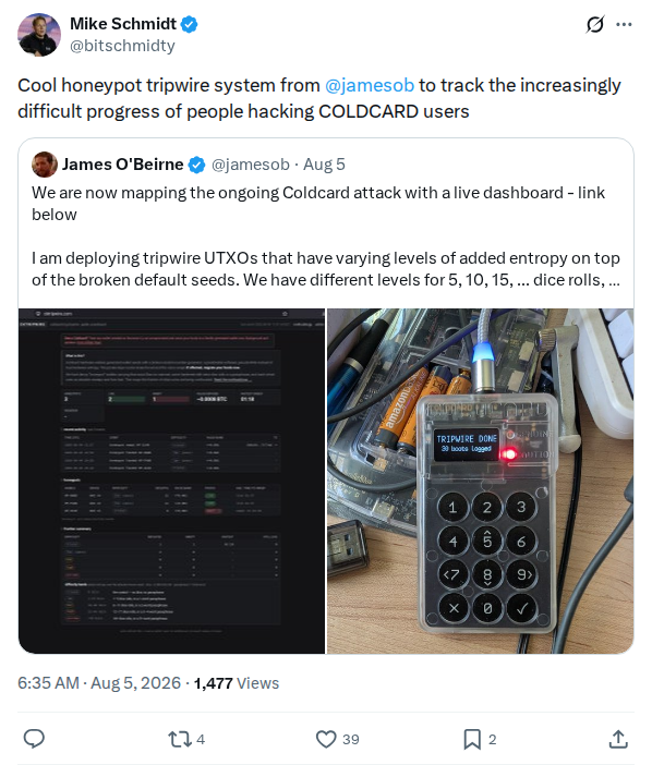 Captured screenshot: Mike Schmidt highlights Jamesob honeypot tripwire for COLDCARD attackers
