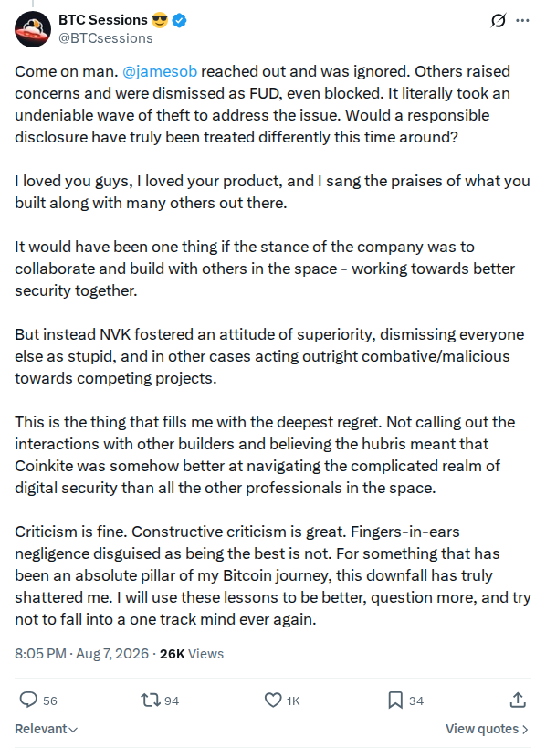Captured screenshot: Criticism of Coinkite response to prior outreach