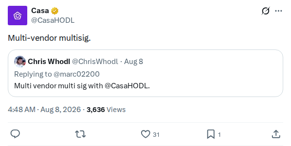 Captured screenshot: Casa recommends multi-vendor multisig