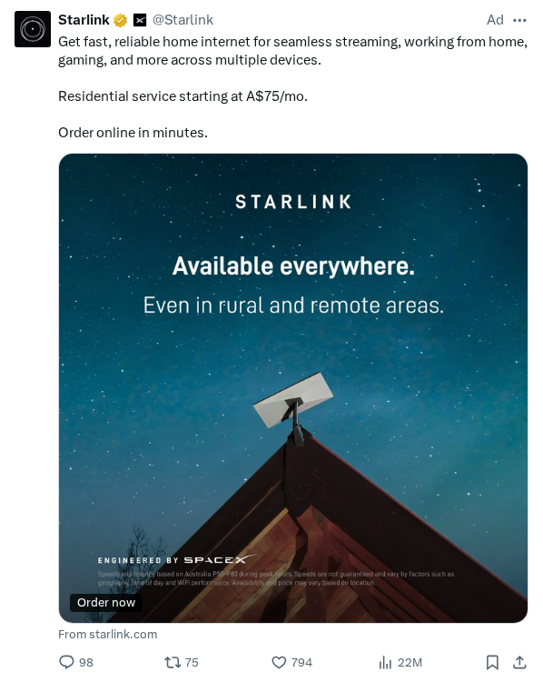 Captured screenshot of the reply by @Starlink