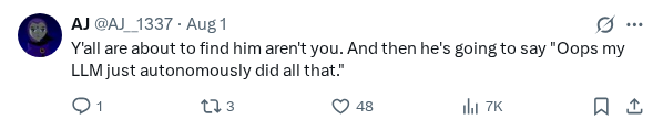 Captured screenshot of the reply by @AJ__1337