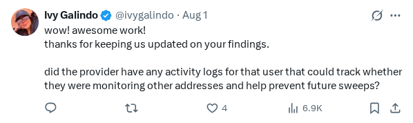 Captured screenshot of the reply by @ivygalindo