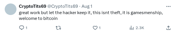 Captured screenshot of the reply by @CryptoTits69