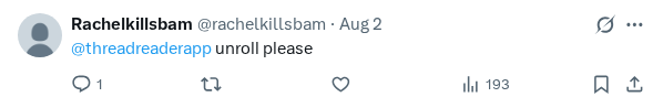 Captured screenshot of the reply by @rachelkillsbam