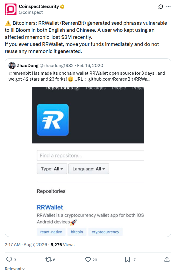 Captured screenshot: RRWallet mnemonics and the Ill Bloom flaw