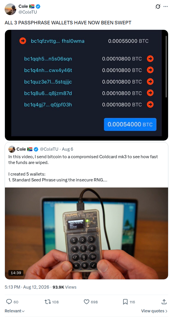 Captured screenshot: All three passphrase wallets now swept