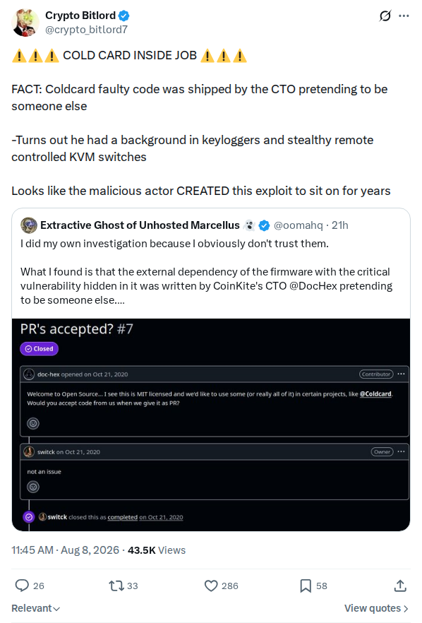 Captured screenshot: Inside-job allegation against the COLDCARD CTO