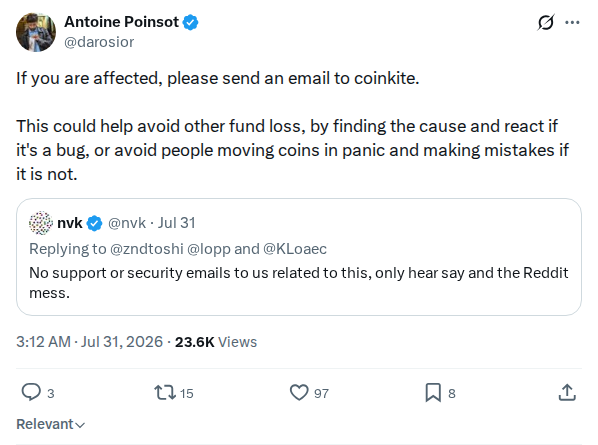 Captured screenshot: Advice for affected users to email Coinkite