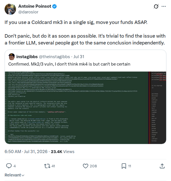 Captured screenshot: Mk3 single-sig move-funds warning