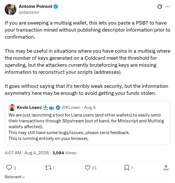 Captured screenshot: PSBT miner-submission advice for multisig sweeps