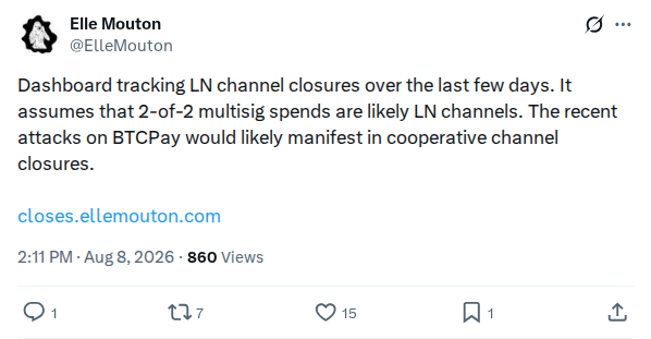 Captured screenshot: Elle Mouton dashboard tracks LN channel closures during BTCPay attacks