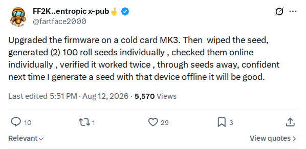 Captured screenshot: Mk3 owner describes firmware upgrade and dice reseed verification