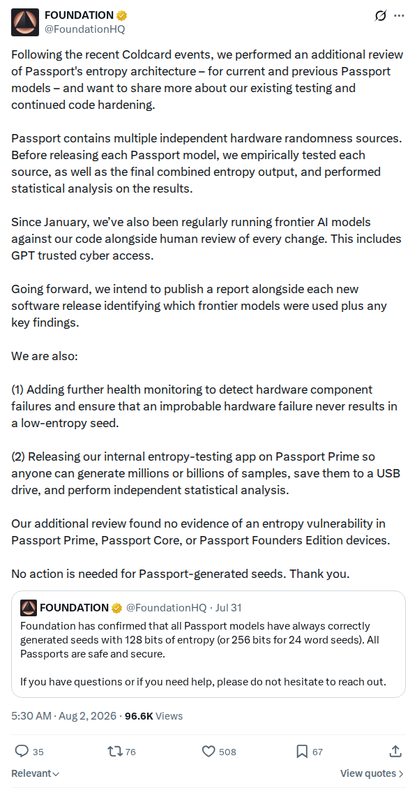 Captured screenshot: Foundation Devices shares Passport entropy architecture review results