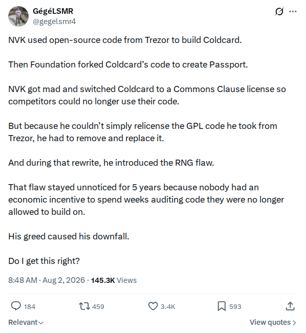Captured screenshot: Commentary on COLDCARD licensing history and review