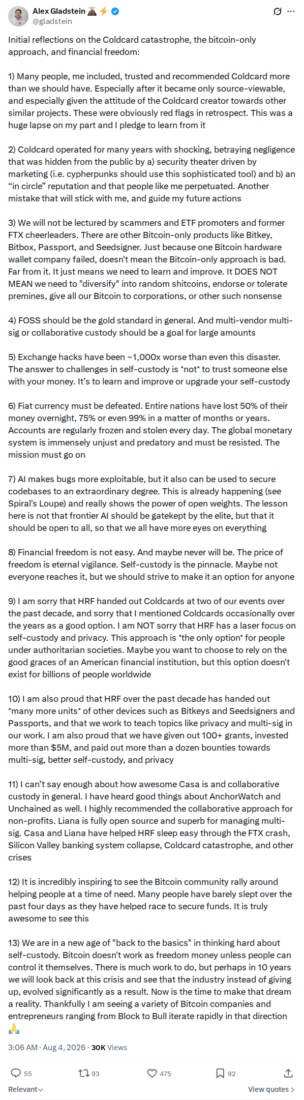 Captured screenshot: Initial reflections on the Coldcard catastrophe