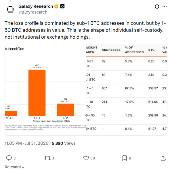 Captured screenshot: Loss profile dominated by sub-1 BTC addresses in count