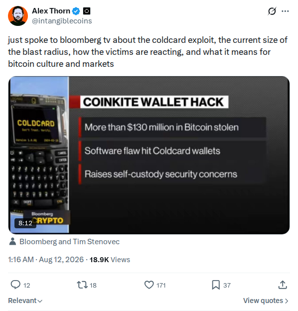 Captured screenshot: Bloomberg TV interview on the Coldcard exploit