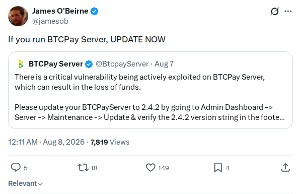 Captured screenshot: BTCPay Server update warning
