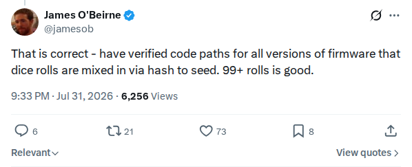 Captured screenshot: Dice-roll code-path verification