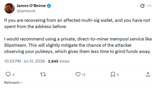 Captured screenshot: Multisig recovery via private miner submission