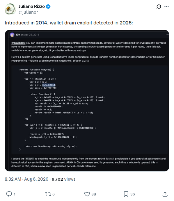 Captured screenshot: Claimed 2014 origin of a JavaScript RNG weakness