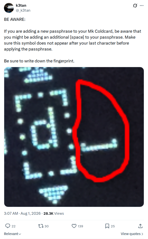 Captured screenshot: Passphrase trailing-space warning