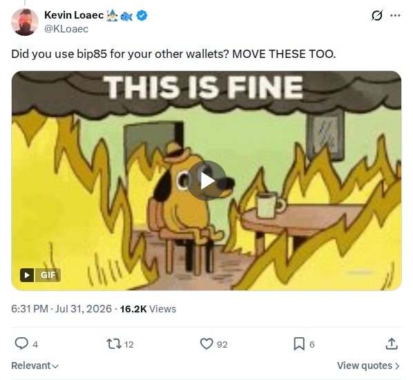 Captured screenshot: Kevin Loaec: BIP85 downstream-wallet warning