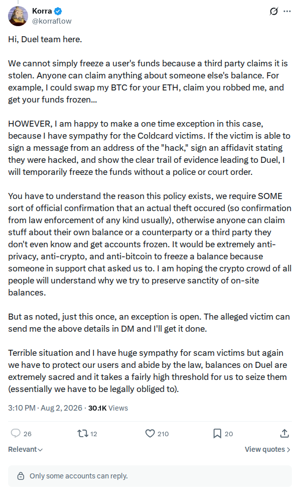 Captured screenshot: Duel one-time freeze exception