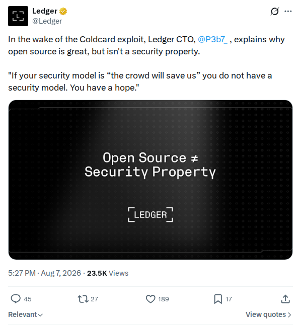 Captured screenshot: Ledger CTO on open source and security