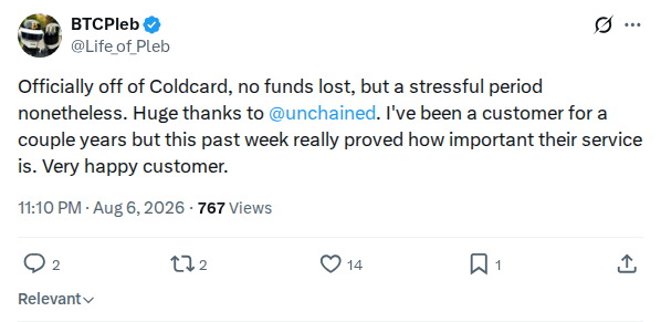 Captured screenshot: Customer says off Coldcard after stressful week
