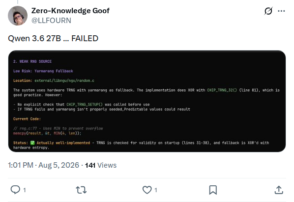 Captured screenshot: Qwen 3.6 27B failed to find the bug