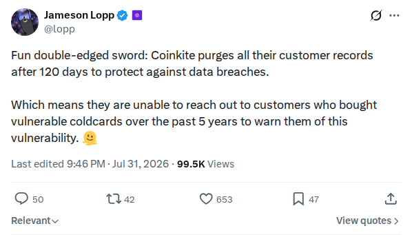 Captured screenshot: Coinkite's customer-record purge prevents vulnerability outreach