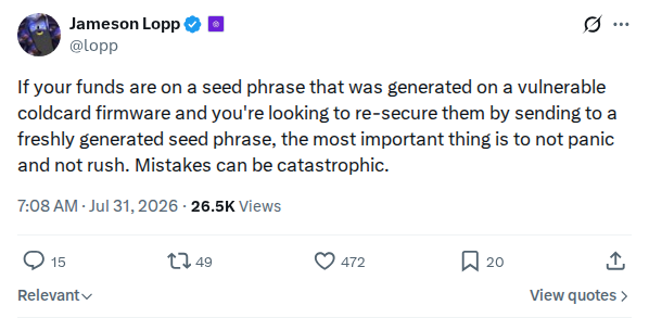 Captured screenshot: Do not panic when re-securing funds