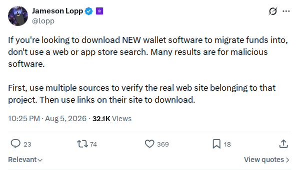Captured screenshot: Warning about malicious wallet software during migration