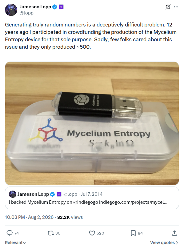 Captured screenshot: Crowdfunding the Mycelium Entropy random-number device