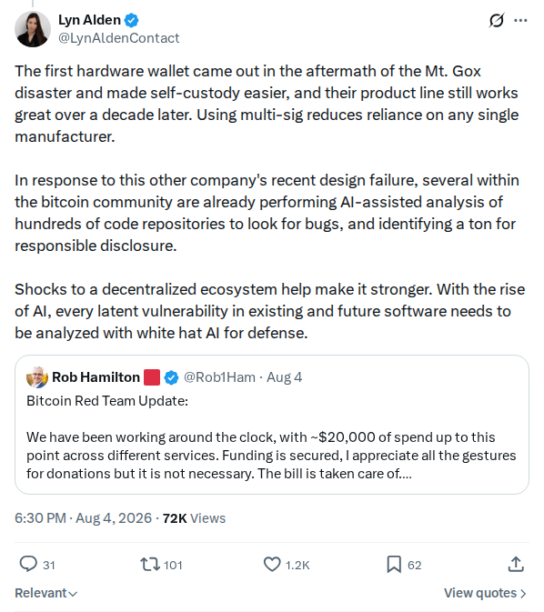 Captured screenshot: Hardware wallets, multisig and AI-assisted code review