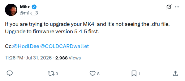 Captured screenshot: Mk4 upgrade requires firmware 5.4.5 first
