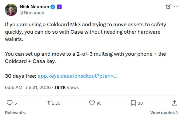 Captured screenshot: Nick Neuman offers Casa Mk3 rescue path with 30 days free