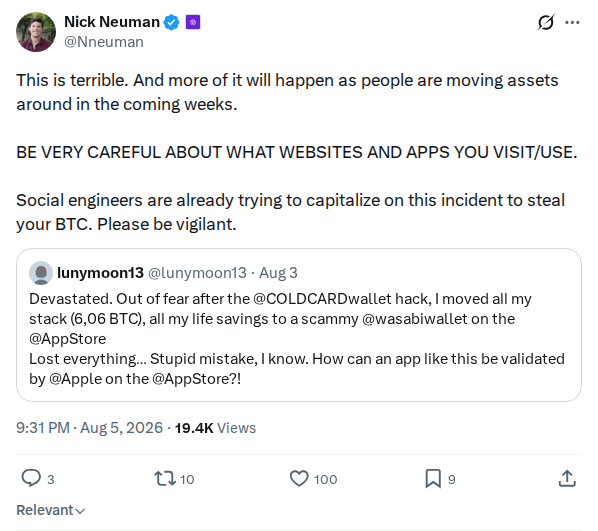 Captured screenshot: Nick Neuman warns social engineers are exploiting the COLDCARD incident