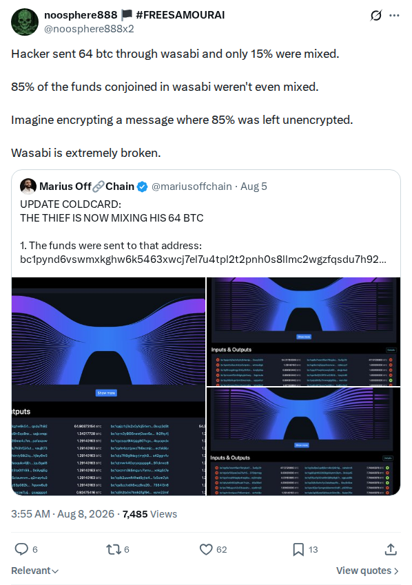 Captured screenshot: Wasabi coinjoin mixing effectiveness claim